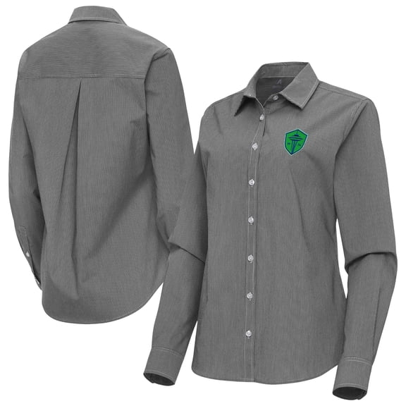 Women's Antigua Black Seattle Sounders FC Porter Woven Tri-Blend Long Sleeve Button-Up Shirt
