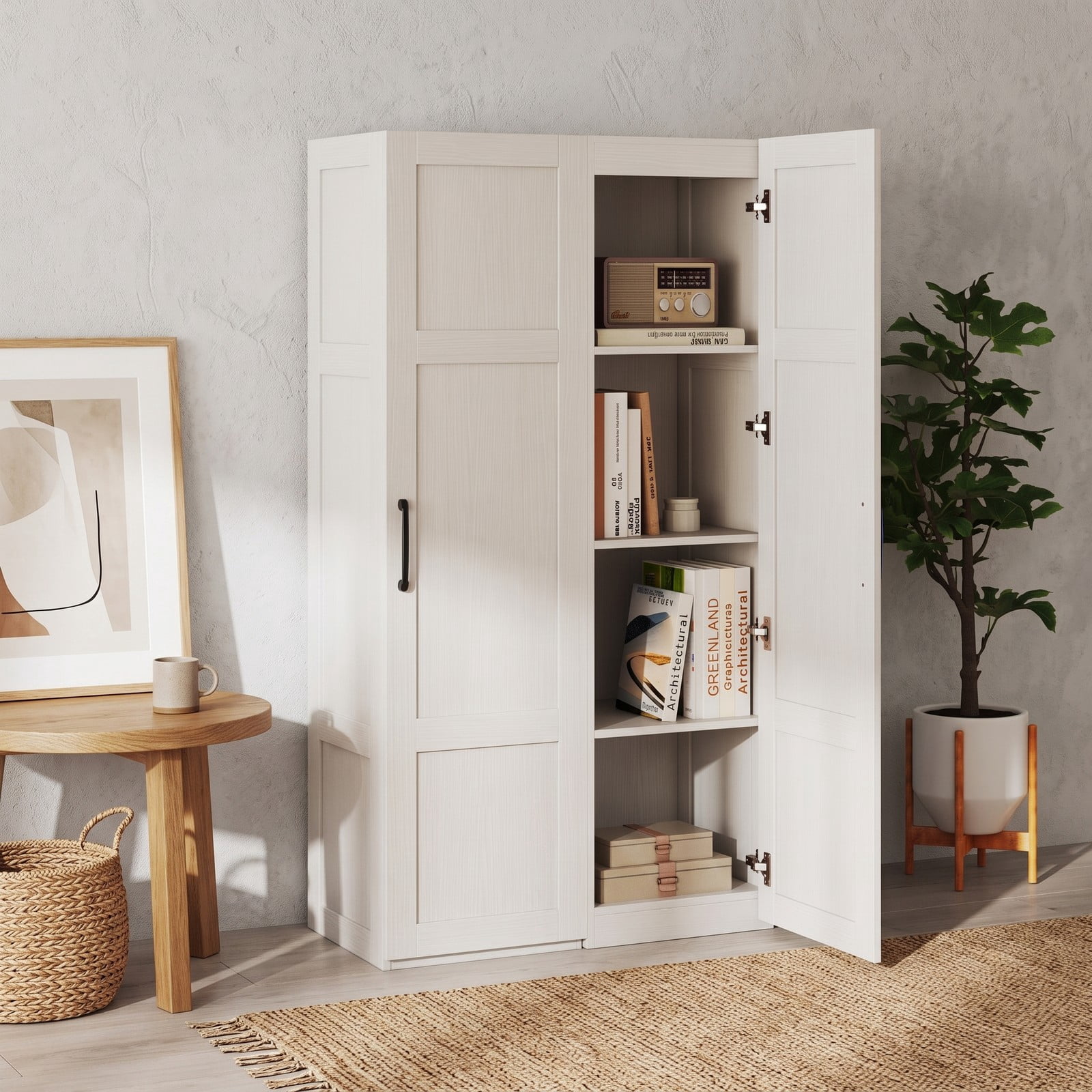 ALPULON Tall Narrow Storage Cabinet with 4 Shelves and Door, Freestanding Slim Bathroom Organizer Cabinet for Living Room Kitchen Utility Room, Engineered Wood, White