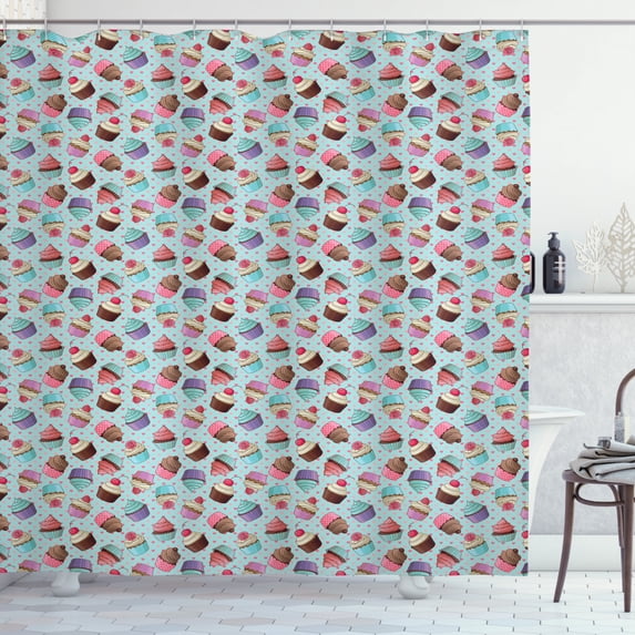 Dessert Shower Curtain, Repeating Pattern of Yummy Cupcakes with Rose and Cherry Toppers on Hearts Backdrop, Fabric Bathroom Set with Hooks, 69W X 84L Inches Extra Long, Multicolor, by Ambesonne