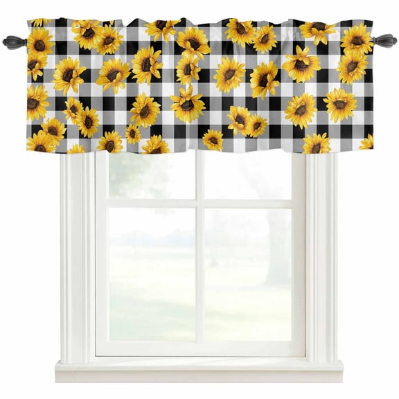 Sunflowers Blossom Rod Pocket Curtain Valance, Spring Summer Garden Flowers Check Farmhouse Window Valance for Living Room, Bedroom, Kitchen 42"W x 12"L
