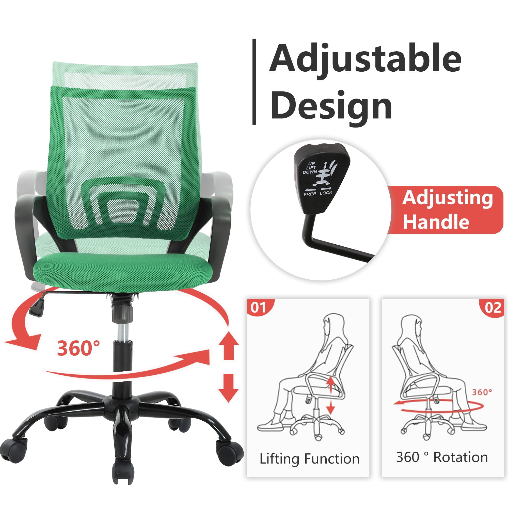 PayLessHere Ergonomic Chair , Adjustable Home Office Chair , Lumbar Support ,Swivel Rolling , Green