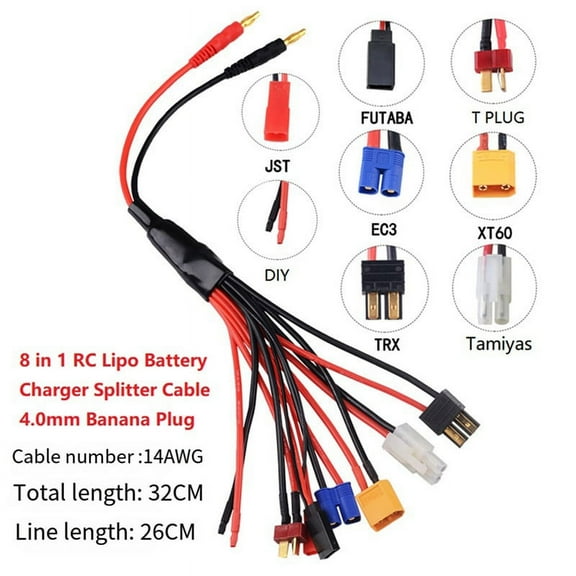 RC Lipo Battery Charger Splitter Cable Adapter Connector 4.0mm Banana Plug to JST T Plug EC3 Futabas Tamiyas