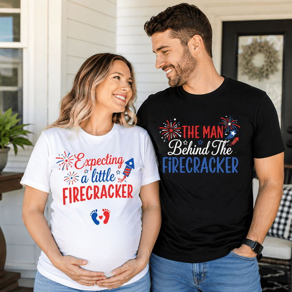 Pregnancy Announcement Matching Couple Comfort Colors Shirts, Expecting Little Firecracker Tee Set, 4th Of July Gift For New Parents
