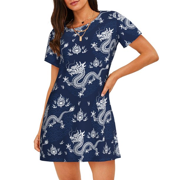Disketp Dragon para Camisón Corto de Manga Corta para Mujeres, Camisón Cómodo con Escote Redondo, Bonito y Confortable