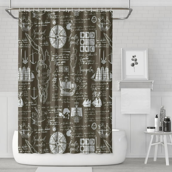 Coastal Nautical Shower Curtain with Anchor, Boat, Lighthouse, Map, and Marine Waves Print, Tropical Ocean Beach Sailing Travel Theme Waterproof Fabric with Hooks