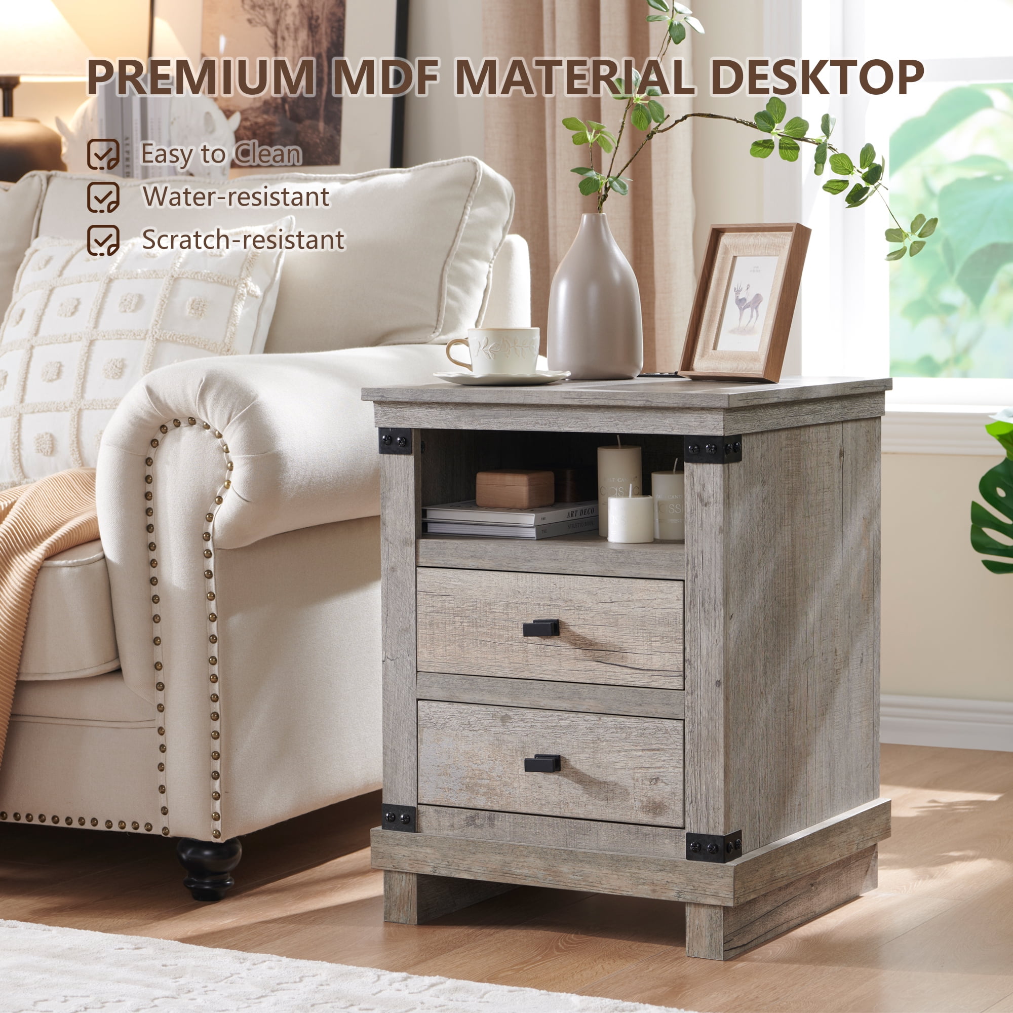 KeyWhat Farmhouse 18" Nightstand with Charging Station, Rustic Metal Wood End Table with Open Storage Shelf, Light Rustic Oak