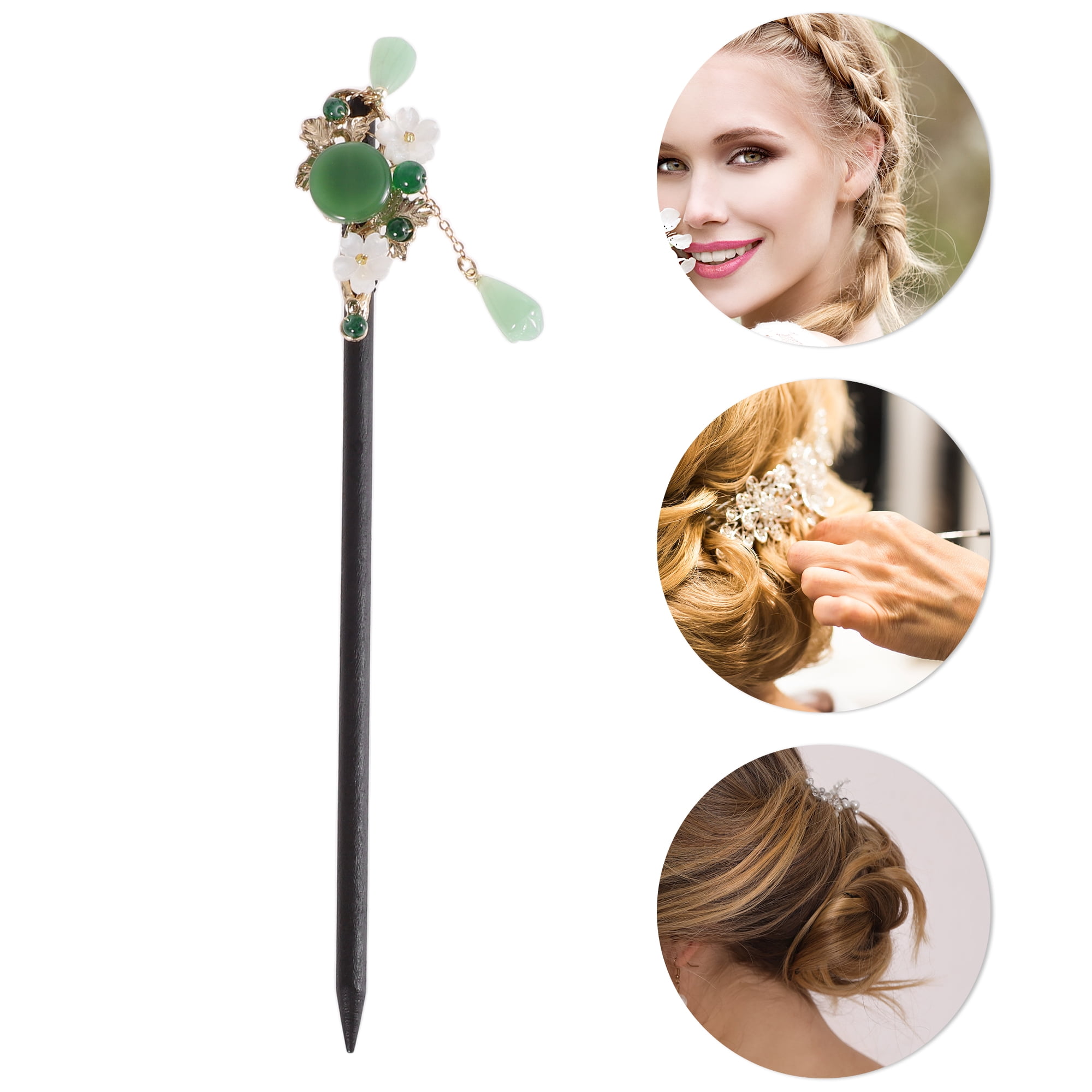 Unique Bargains Flowers Hair Chopstick for Women 1 Pc Black, Green 7.9"