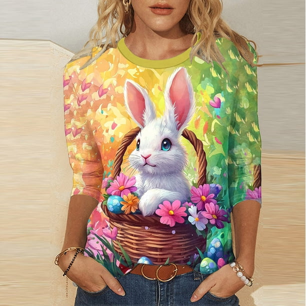 TaTaai Women Fashion Easter Print Pullover Top Crew Neck Three Quarter Sleeve Loose Casual T-Shirt Ladies Spring Vacation Holiday Wear Soft Lightweight Non-See-Through Machine Washable Top Gift