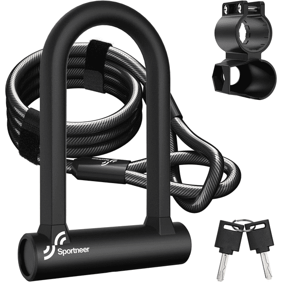 Heavy-Duty Portable Bike U-Lock with 5ft Steel Security Cable and Bracket, Anti Theft