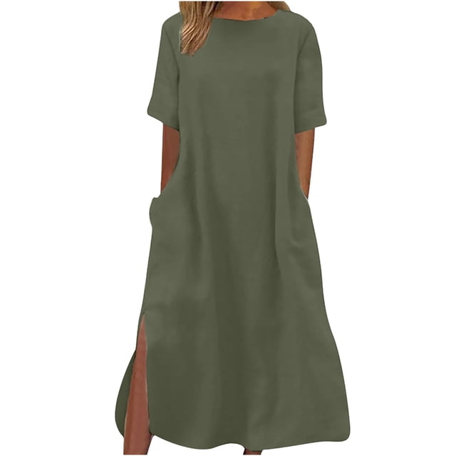 Robes à Manches Courtes pour Femmes Décontractées Amples à Col Rond Unies à Manches Courtes Fendues Longues Robes Longues pour Femmes Été Courtes Robes d'Été pour Femmes