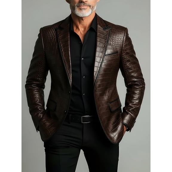 Men's Brown Crocodile Embossed Faux Leather Blazer, Slim Fit Single-Breasted Notch Lapel Suit Jacket with Black Contrast Trim