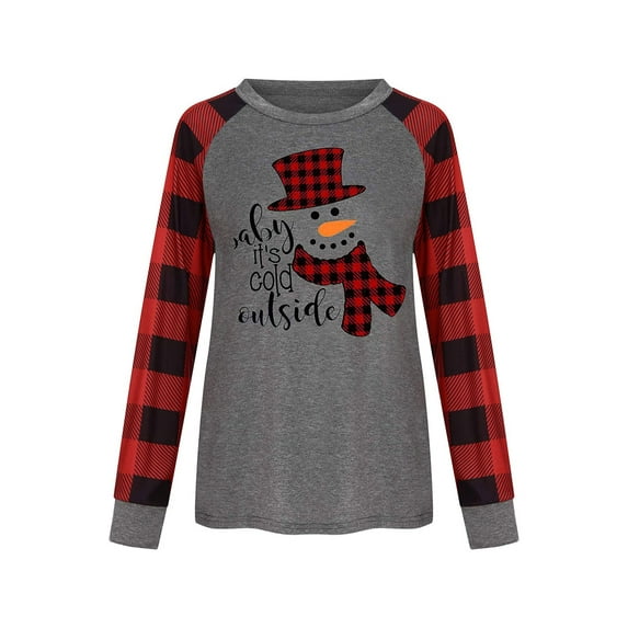 Yuemengxuan Women Stylish Christmas Printed T-shirt, Long Sleeve Round Neck Patchwork Pullover Tops