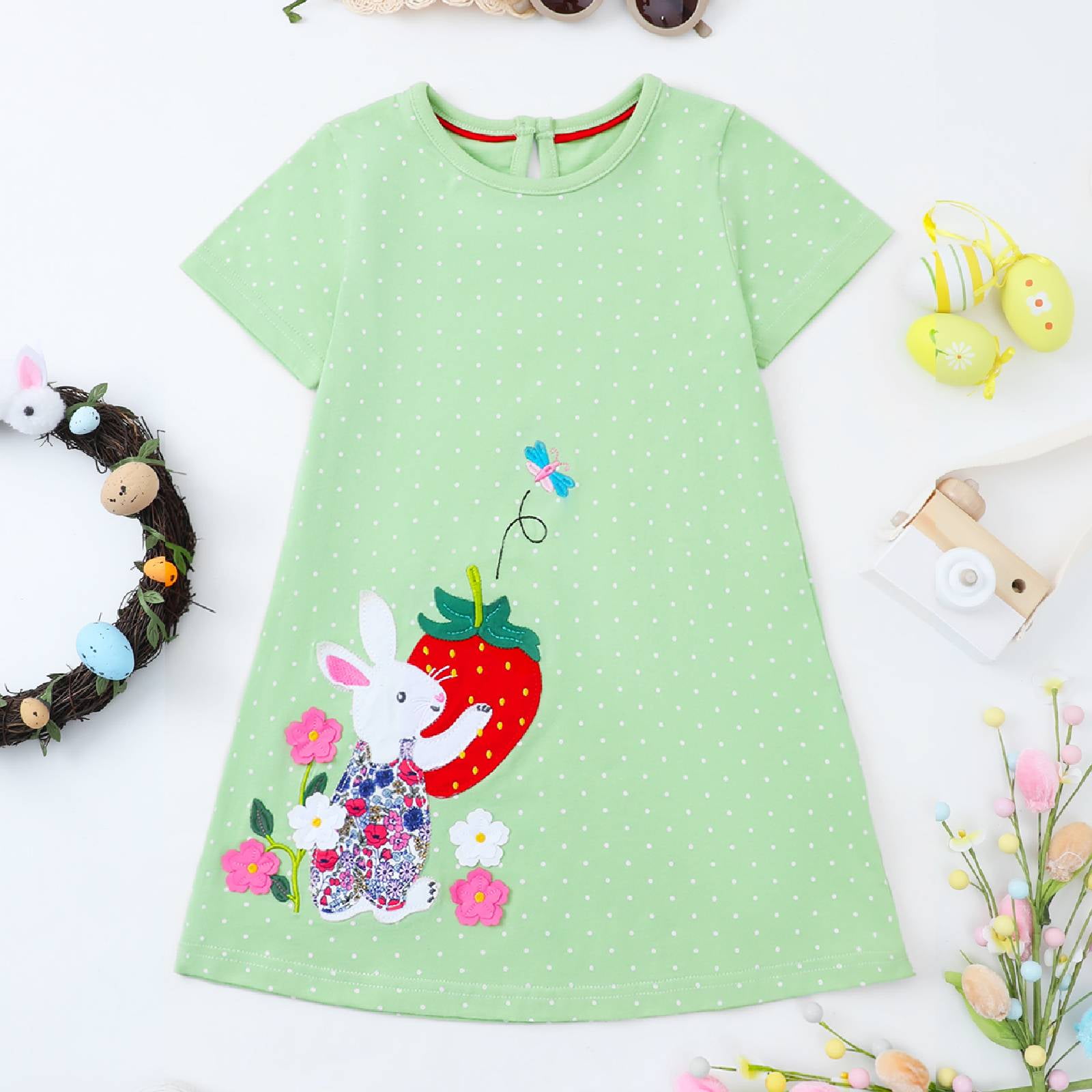 HILEELANG Toddler Girls Short Sleeve Dress Cotton Casual Green Dot Bunny Applique Jersey Shirt Playwear Dresses 4T