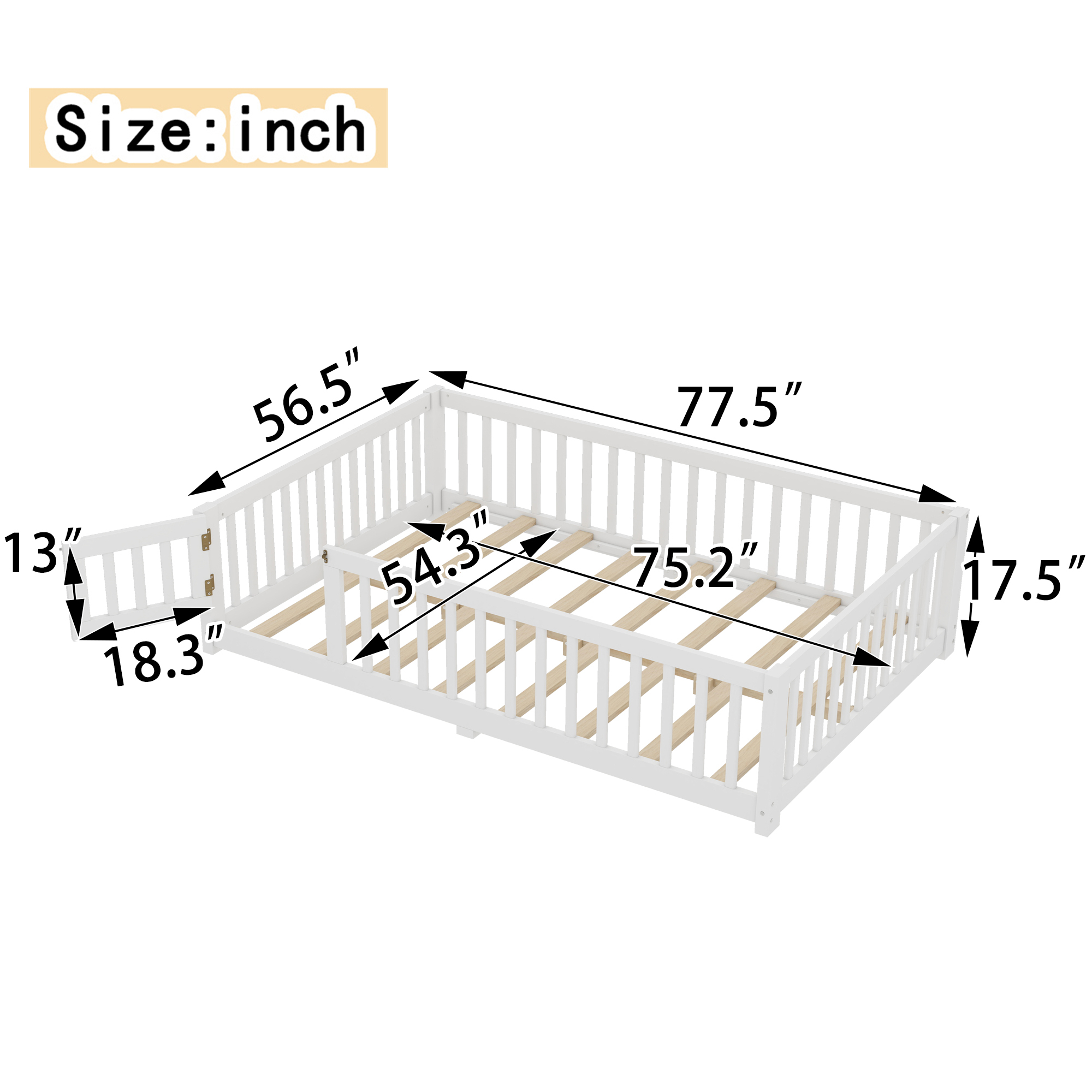 Jopath Full Size Floor Bed Frame,Montessori Bed with Guardrails and Door,with Slatted Base,for Kids,Boys,Girls,White