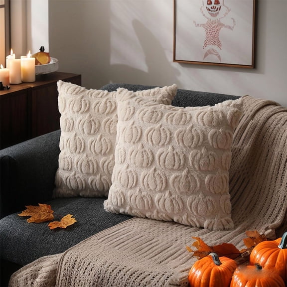 16x16" Modern Farmhouse Fall Pumpkin Cushion Cases - Ultra Soft Plush Faux Fur Decorative Throw Pillow Covers for Couch Sofa - Cozy Thanksgiving & Autumn Halloween Home Decor