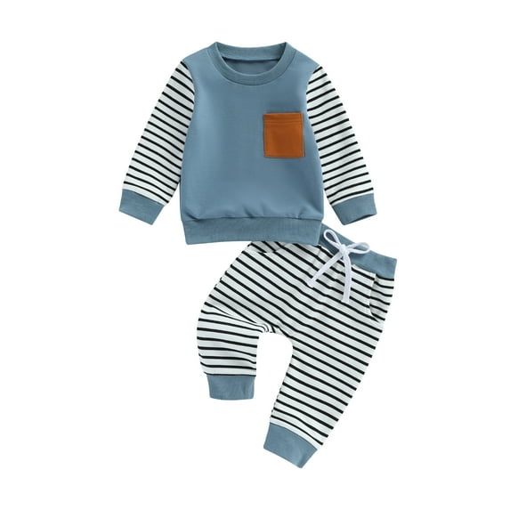 Bagilaanoe 2PCS Toddler Baby Boy Long Pants Set Striped Patchwork Long Sleeve Sweatshirt Pullover Tops + Drawstring Sweatpants 6M 12M 18M 24M 3T Kids Casual Sweatsuits