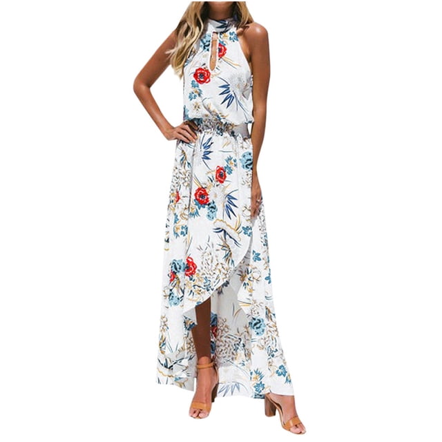 vestido maxi floral bohemio fridja sin mangas para mujer Vestido maxi largo blanco con estampado floral bohemio, vista frontal centrada; silueta sin mangas con escote halter y abertura en el pecho, cintura elástica y falda tipo envoltura con abertura frontal; tejido gasa ligero, flores rojas y motivos azules sobre fondo blanco; fondo neutro. Adecuado para fiesta de noche, verano, playa y uso casual; a menudo usado también para vacaciones.