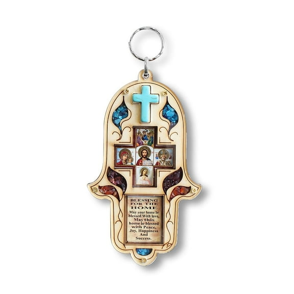 My Daily Styles Hanging Christian Cross Crucifix Icon Wall Decor, Hamsa Blessing for Home with Simulated Gemstones