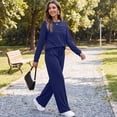 thumbnail image 5 of Women's 2 Piece Lounge Set Pleated Crewneck Top and Wide Leg Pants Relaxed Casual Fleece Travel Matching Outfit, 5 of 7