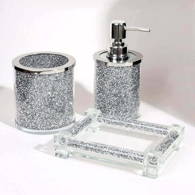 Silver Crushed Diamond Soap Dispenser and Toothbrush Holder with Tray —  Mirodemi