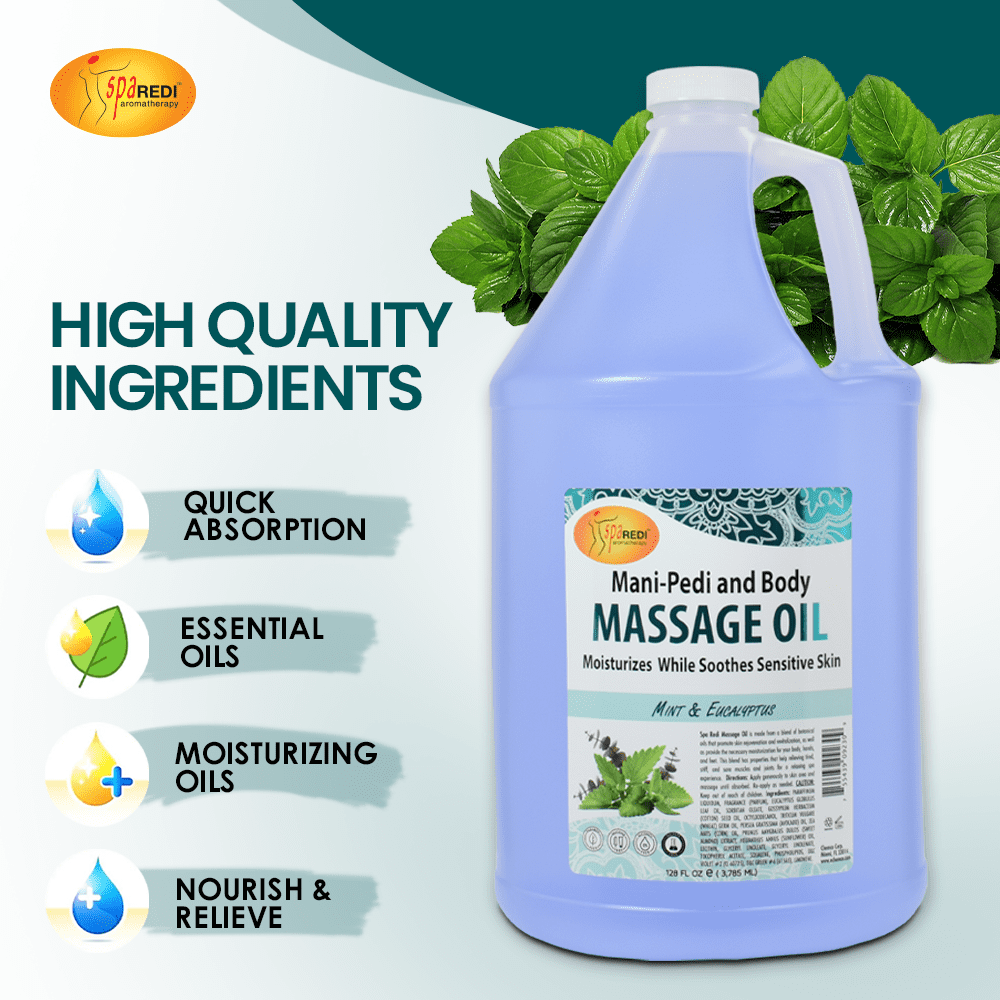 SPA REDI - Massage Oil, Mint Eucalyptus, 128 Oz - Professional Pedicure, Manicure, Body Massage Therapy, Made with Almond Oil, Cotton Seed Oil, Sunflower Oil, Avocado Oil, Essential Oils, Vitamin E