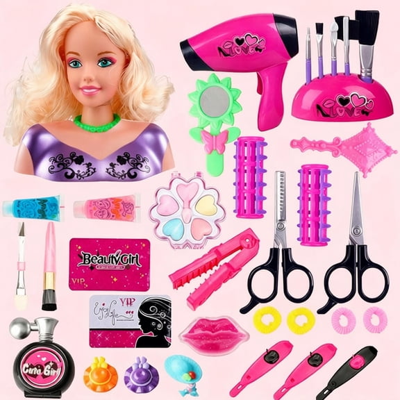 Kids Hair Styling Doll Head Set with Makeup & Hairdressing Tools, Pretend Beauty Salon Toy with Hair Dryer Scissors Curlers, Educational Role Play Toy for Little Girls 3 Christmas Birthday Gifts