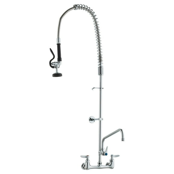 High-Arc Commercial Pre-Rinse Kitchen Faucet, Wall Mount Brass Faucet with Pull-Down Spray, 47in Height, Fits 1/2/3 Compartment Sinks
