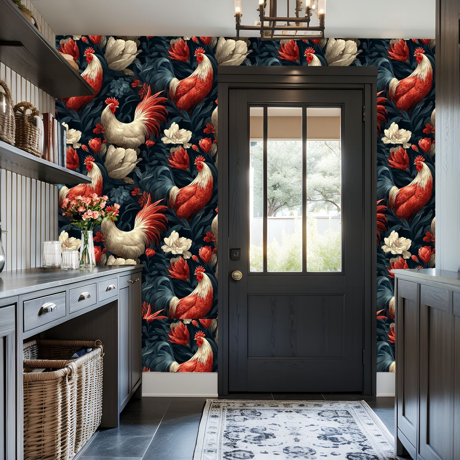 Chicken Peel and Stick Wallpaper Vintage Roosters Floral Garden Wall Mural 17.7in x 9.8ft Self Adhesive Removable Wall Paper Renter Friendly Wallpaper for Nursery Bedroom Cabinets
