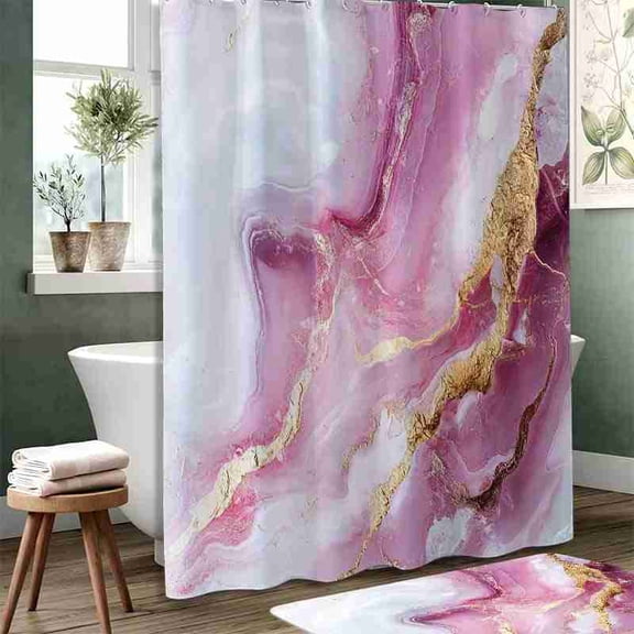 70x70 inch Pink and Gold Abstract Marble Shower Curtain, Waterproof Polyester Fabric with Hooks for Bathroom Decor