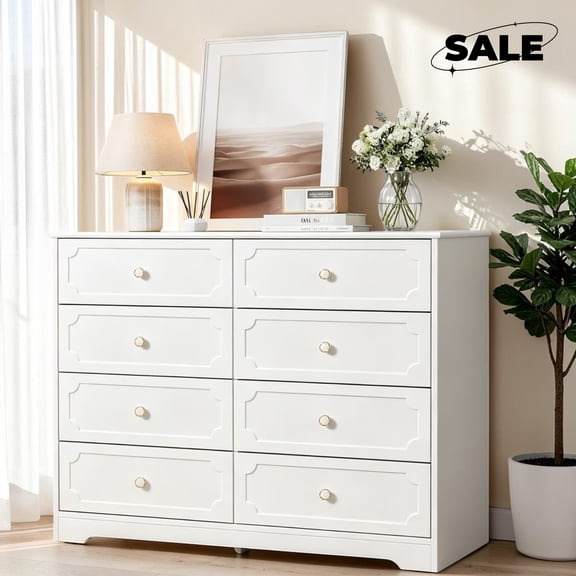 GZXS 8-Drawer Dresser for Bedroom, 41.3" Wide Chest of Drawers. Storage Organizer for Living Room, Entryway, White