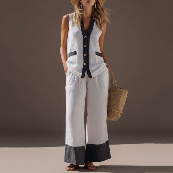 Nuoqisi Women's 2 Piece Outfits Summer Cotton Linen Vest Waistcoat Pants Sets Casual Vacation Travel Two Piece Set