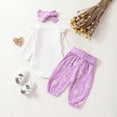 thumbnail image 4 of GYRATEDREAM Newborn Baby Girls Cute Outfit Infant Ruffle Long Sleeve Solid Color Romper Bodysuit Daisy Print Bow Jogger Pant Headband 3Pcs Set Toddler Spring Fall Clothes Violet for 0-24 Months, 4 of 8