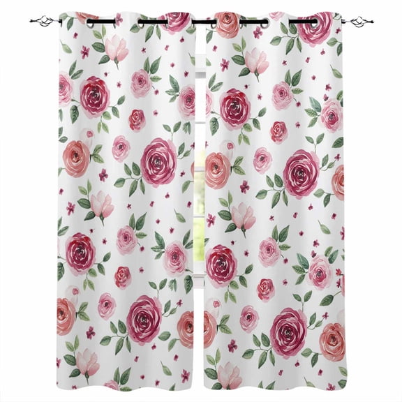 Fsddascl Pink Flowers Blackout Curtains for Bedroom/Living Room, Thermal Insulated Kitchen Curtains, Simple Romantic Botanical Floral Leaves Grommet Darkening Window Treatment Drapes 42"x63"x2