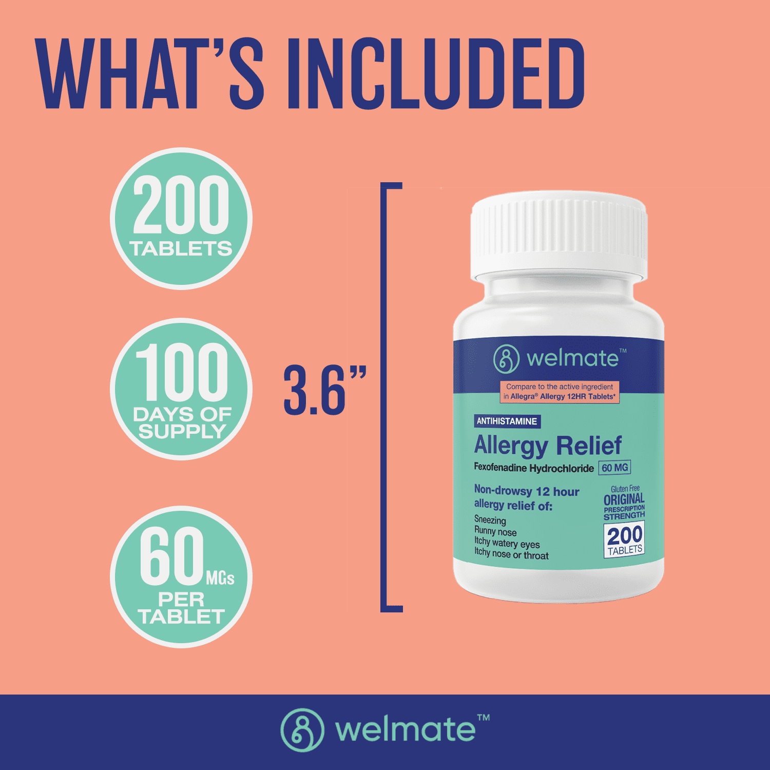 WELMATE Antihistamine Allergy Relief, Fexofenadine HCL 60mg - 200 Tablets