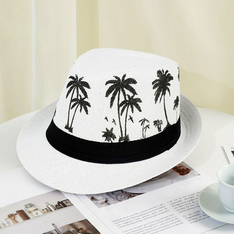 Waroomhouse Men Beach Hat Breathable Short Brim Tree Print Contrast Color  Flat Top Sun Protection Lightweight Outdoor Travel Jazz Hat Headwear