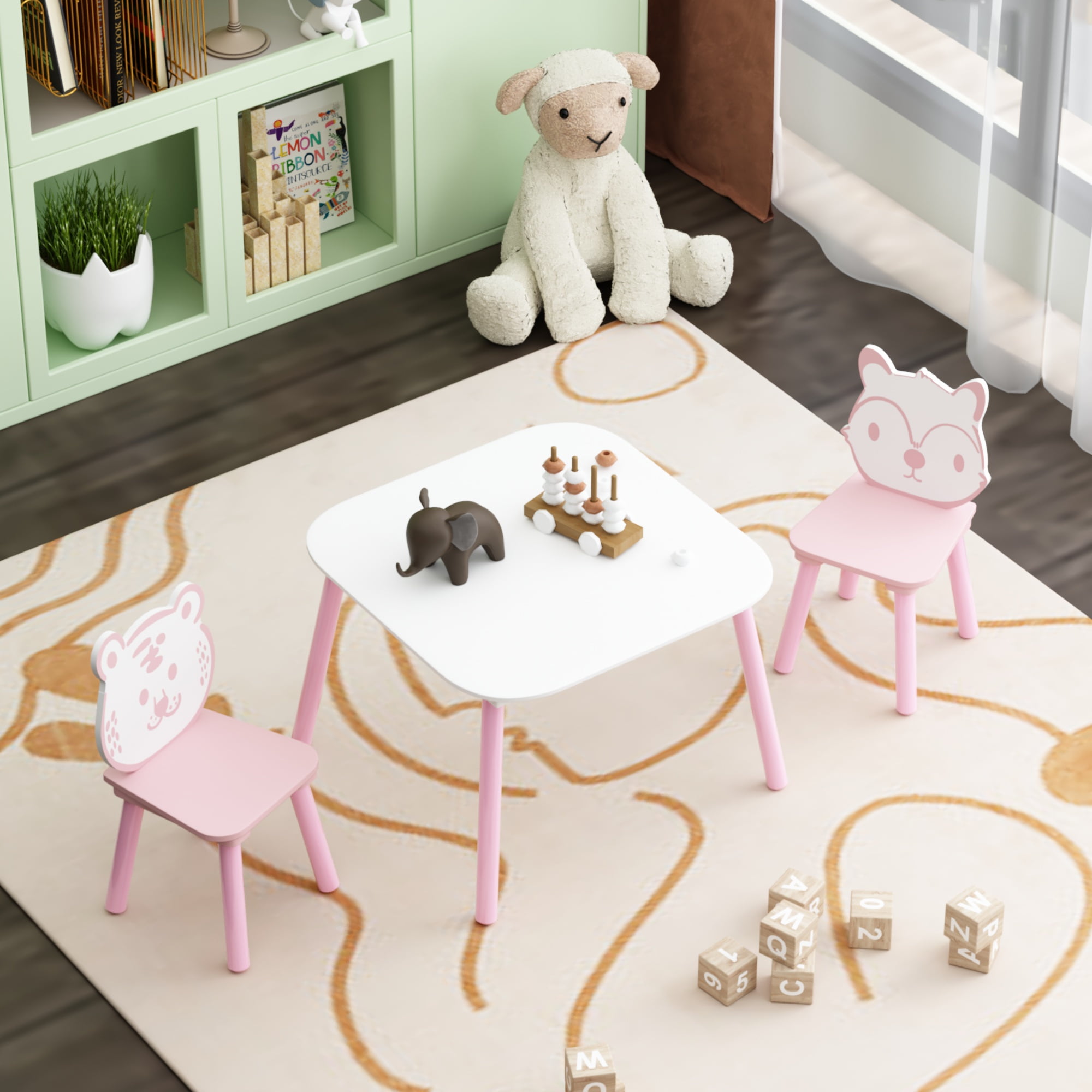 Table and 2 Chairs for Kids 2-5, SHINPT Baby Table and Chair Set, 3 Pieces Toddler Play Table, Kids Art Table and Chair Set for Game Room, Children's Room, Wooden Activity Play Table Set for Gift