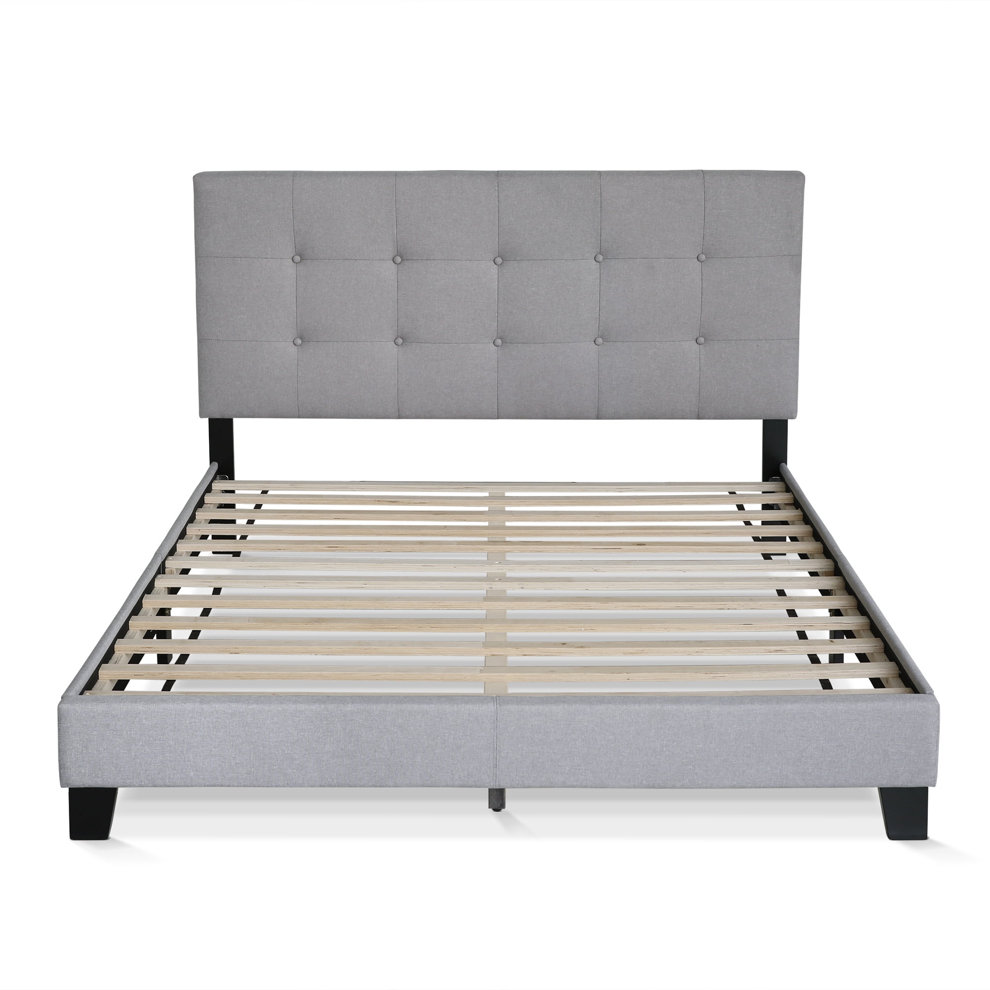 Furinno LAVAL Queen Upholstered Bed Frame with Button-Tufted Headboard and 12-Piece Wooden Slat Support, Light Grey