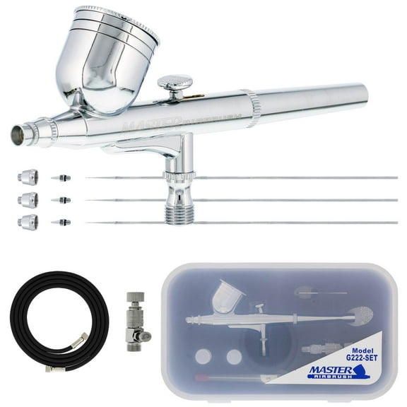 Master Performance G222 Pro Set Master Airbrush with 3 Nozzle Sets (0.2, 0.3 & 0.5mm Needles, Fluid Tips and Air Caps) and Air Hose - Dual-Action Gravity Feed Airbrush 1/3 oz Cup - Spray Art Auto