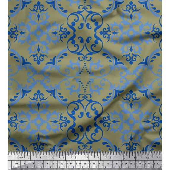 Soimoi Green Cotton Duck Fabric Filigree Damask Print Sewing Fabric Yard 56 Inch Wide
