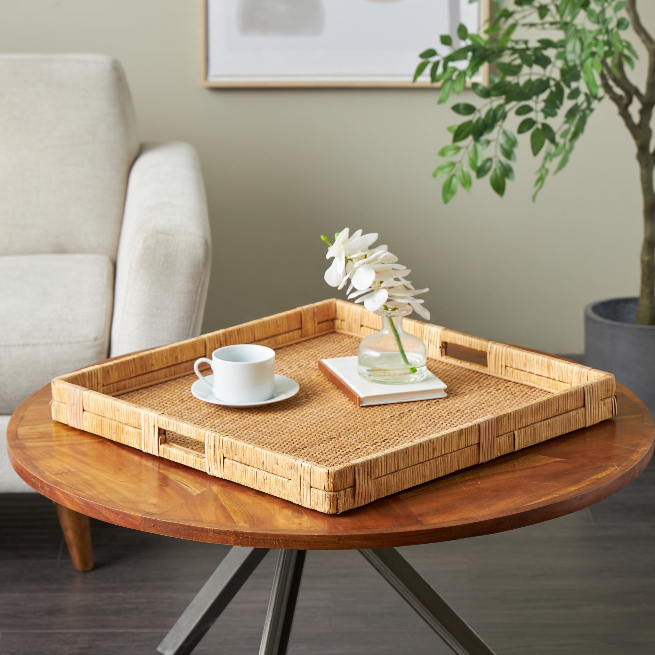 DecMode 23" x 22" Brown Rattan Handmade Woven Tray with Slot Handles, 1-Piece