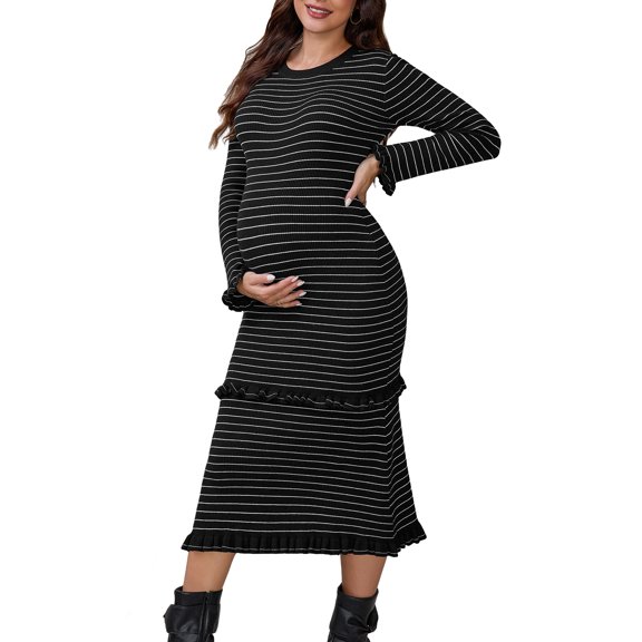 DARING DIVA Women's Maternity Sweater Ribbed Knit Striped Long Sleeve Midi Dress S Black