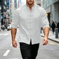 thumbnail image 4 of Men Mandarin Collar Frog Button Linen Button Up Shirt, 3/4 Sleeve Loose Casual Top with Pockets for Summer Vacation Daily Wear White 3XL, 4 of 9