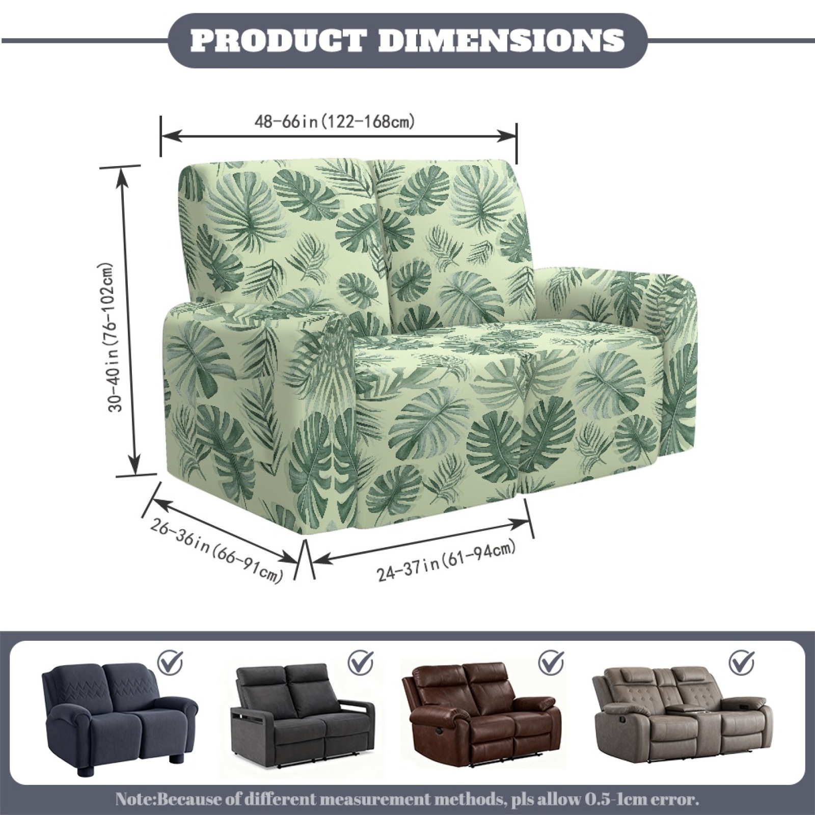 Xoenoiee Tropical Palm Leaves Print 6 Pieces Stretch Recliner Loveseat Covers Soft Reclining Couch Cover with Pockets Anti-Slip Sofa Slipcovers Fitted Furniture Protector for Pet Kid