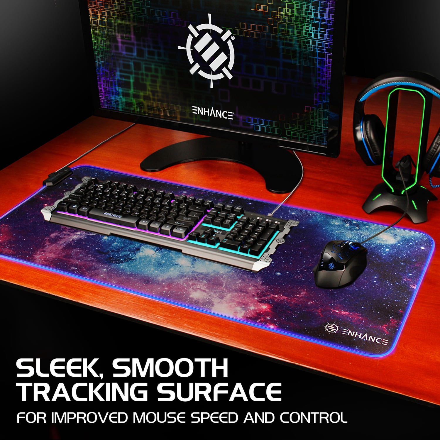 Enhance Extra Large LED Gaming Mouse Pad - Soft XXL Desk Mat with 7 RGB Colors, 3 Color Modes, Smart Control, Water Resistant High Speed Tracking Surface - (Galaxy) - Extended Pad - 32 x 14 Inches