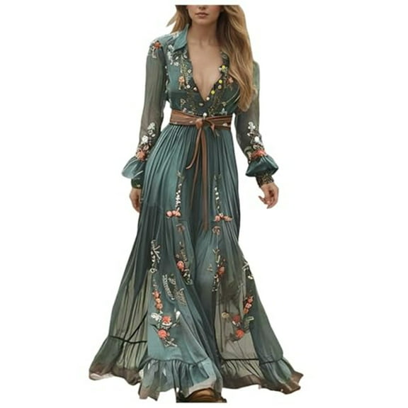 Women's Vintage Pastoral Flower Long Dress V-Neck Long Sleeve Western Dress Fall Casual Maxi Dress Army Green S