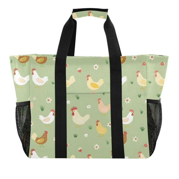 Cute Chicken with Flower Reusable Grocery Bags with Handle Side Pocket Waterproof Shopping Portable Tote