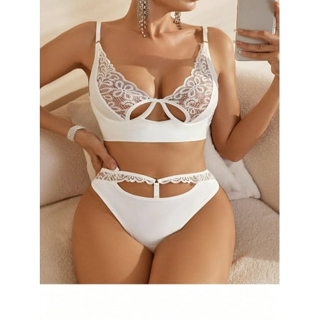 SkyAuks Women s Exotic Lingerie Sets  Sexy Lingerie for Women  Women s Plus Size Floral Lace Cut Out Underwire Lingerie Set  Mesh Scallop Trim Bra and Panty Set  White(M)