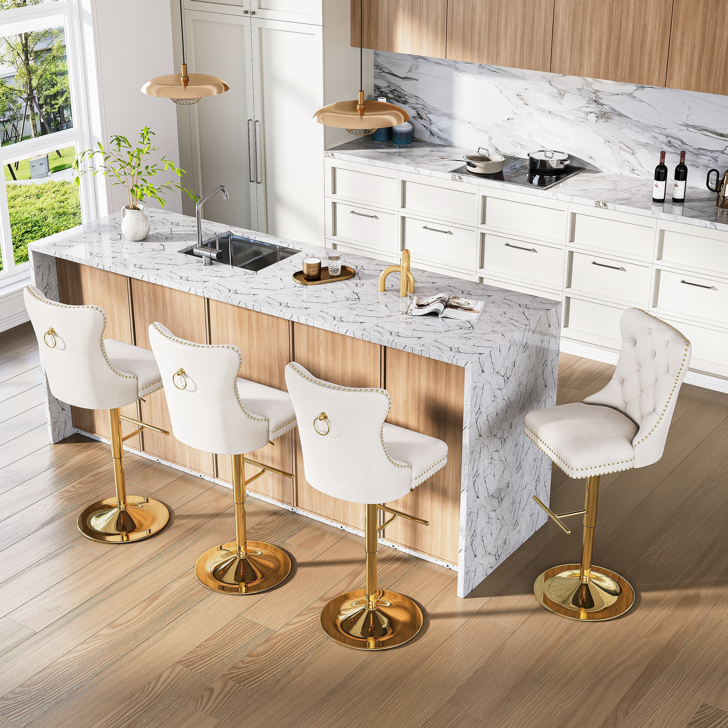 Modern Velvet Bar Stools Set of 2 Adjustable Swivel Counter Height Chairs with Upholstered Back and Nailhead Trim for Home Pub Kitchen Island