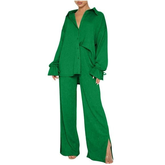 QUYUON Womens Two Piece Outfits Sweater Sets Ladies Long Sleeve Button-Down Shirt Blouse and Pants Sets Side Split High Waist Wide Leg Pants Lounge Sets 2 Piece Outfits Sets Green XL