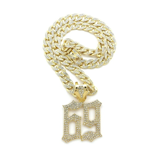 Stone Stud 69 Hip-Hop Pendant with 10mm 18" Box Lock Iced Out Cuban Chain Necklace in Gold-Tone